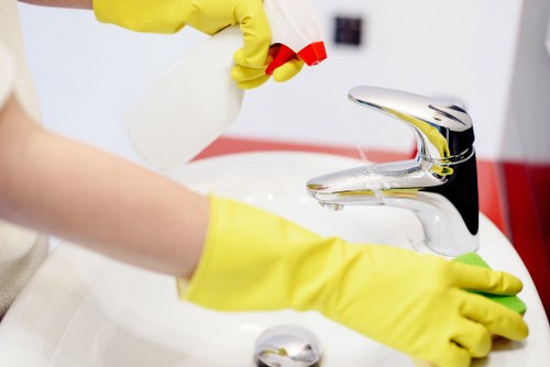 Cleaning technician handling payment and service paperwork